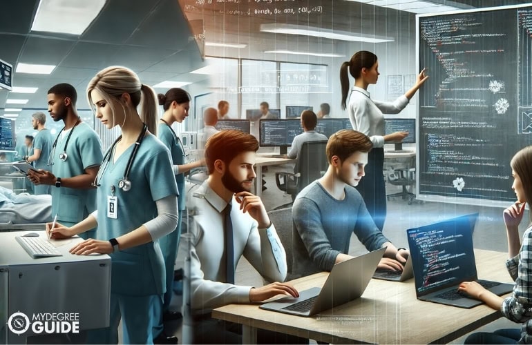 Collage of healthcare professionals and computer scientists working, illustrating the comparison between nursing and computer science careers.