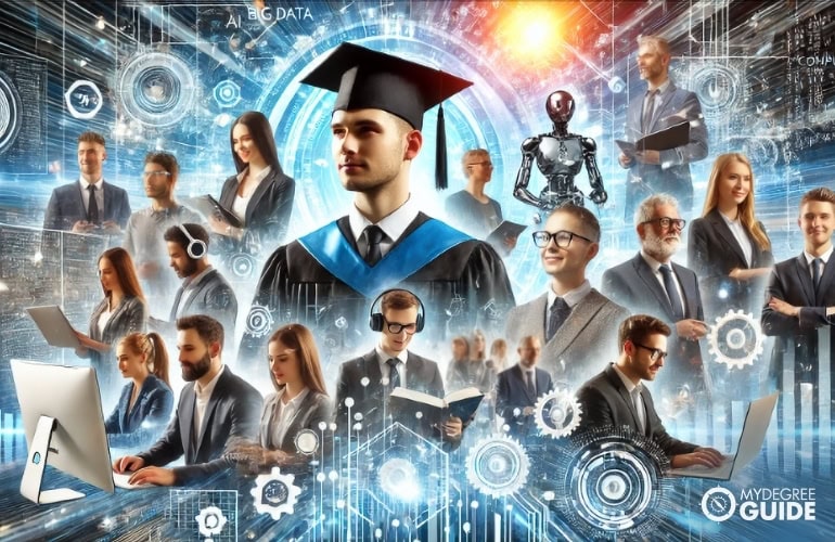 Graduate in cap and gown surrounded by professionals and technology icons, representing the benefits of earning an MS in Computer Science online.