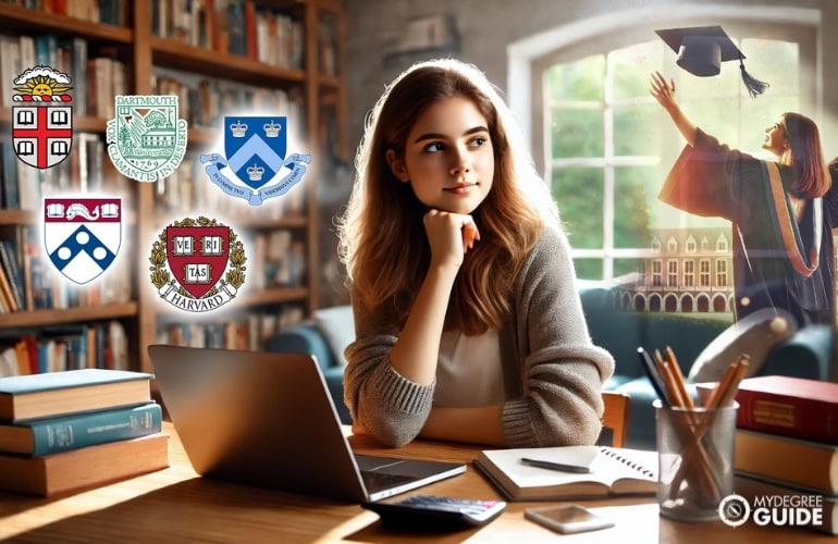 A young woman studying at her desk in a library, surrounded by Ivy League university logos, imagining graduating from one of their computer science programs.